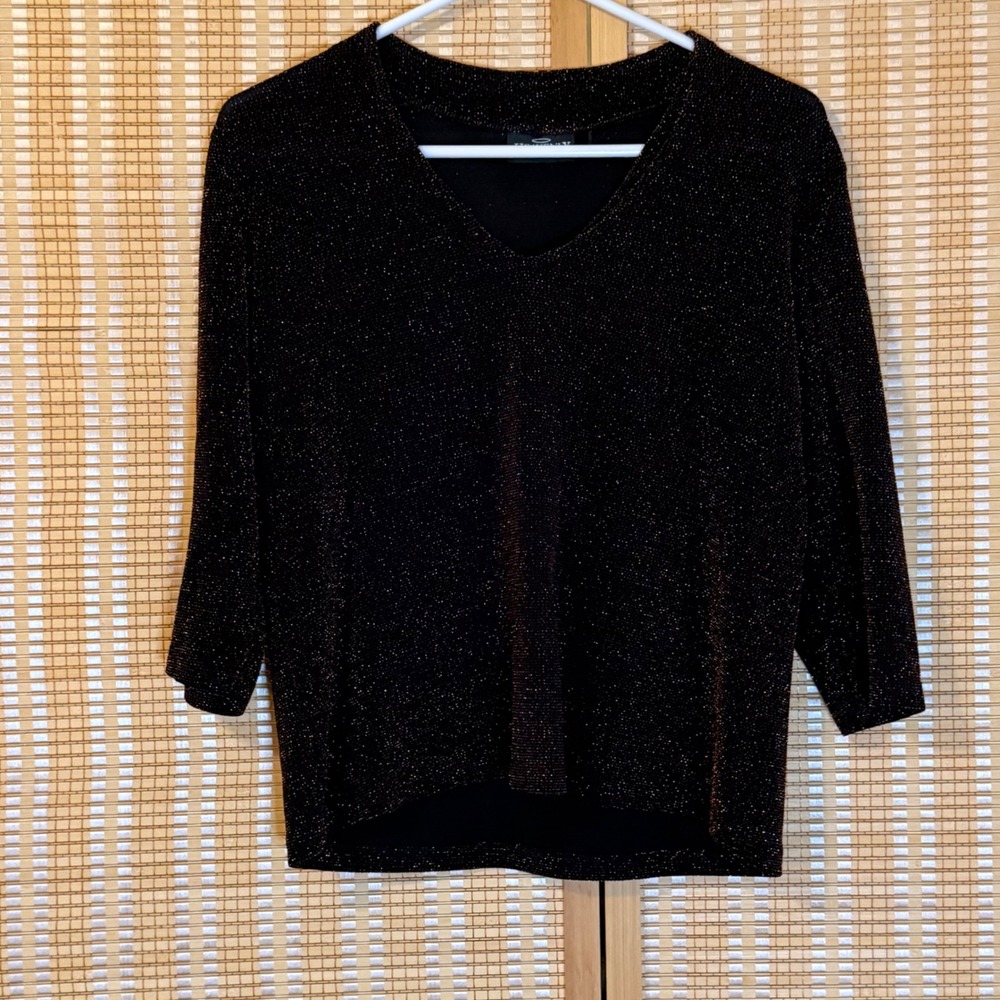 Heavenly Womens Metallic Bronze Black Shimmer V-Neck 3/4‎ Sleeve Top Size PL